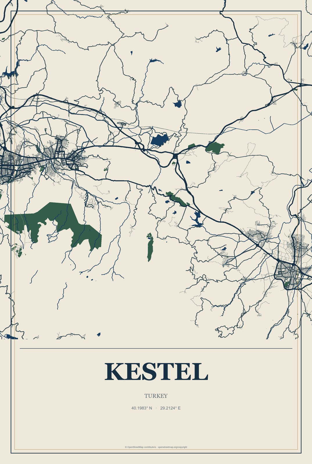 Kestel, Antalya, Turkey City Map Aluminum Sign in Coastal Cutout style