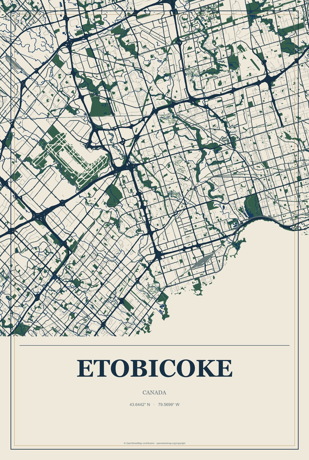 Etobicoke, Canada City Map Aluminum Sign in Coastal Cutout style