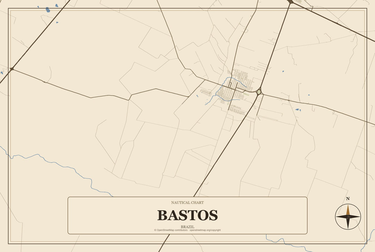 Bastos, Brazil City Map Aluminum Sign in Heritage Nautical style