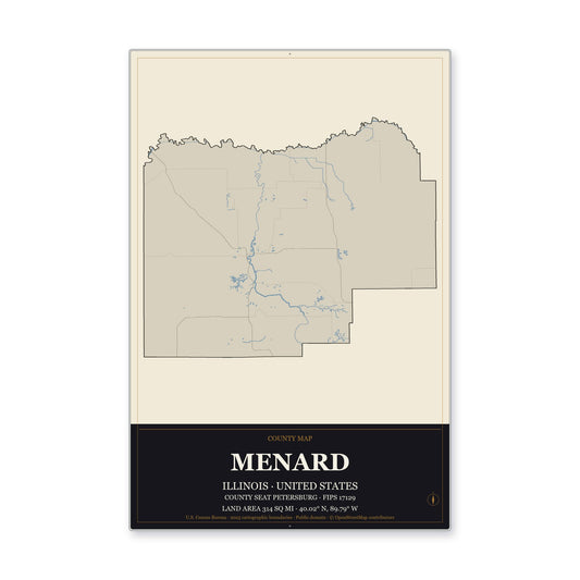 Menard County, Illinois Map Aluminum Sign in Museum Plaque style