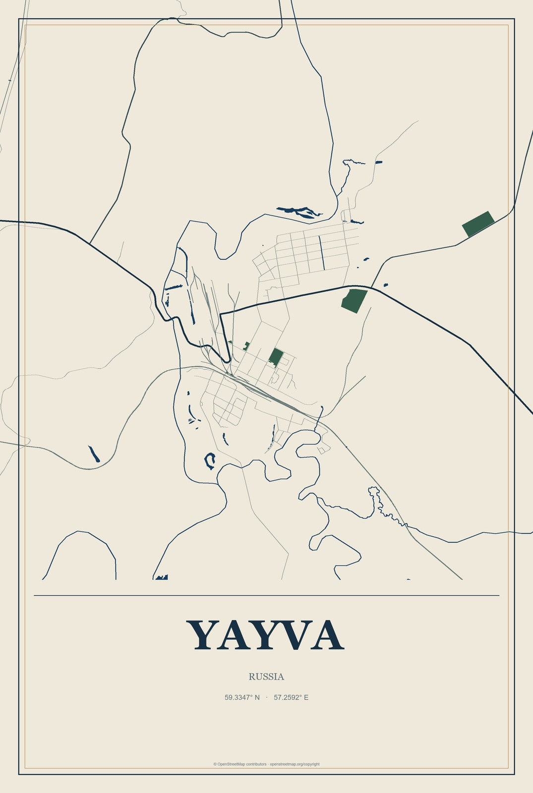 Yayva, Russia City Map Aluminum Sign in Coastal Cutout style