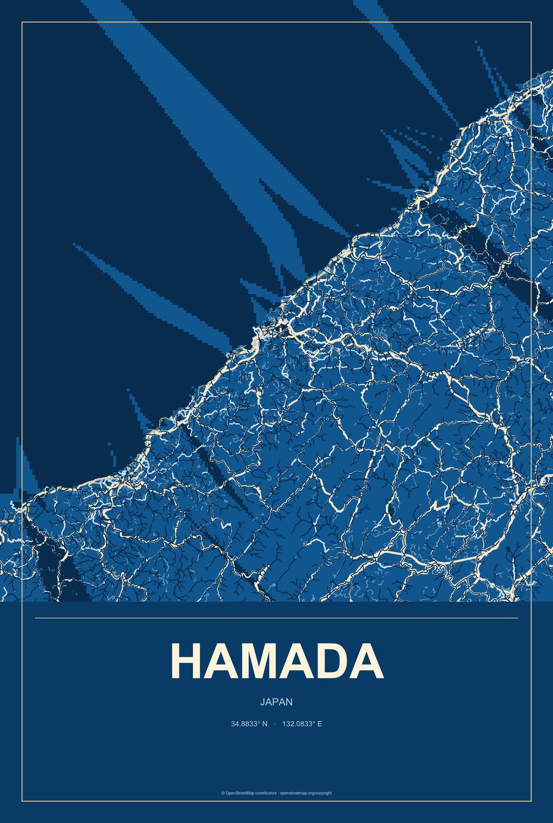 Hamada, Japan City Map Aluminum Sign in Harbor Cobalt style