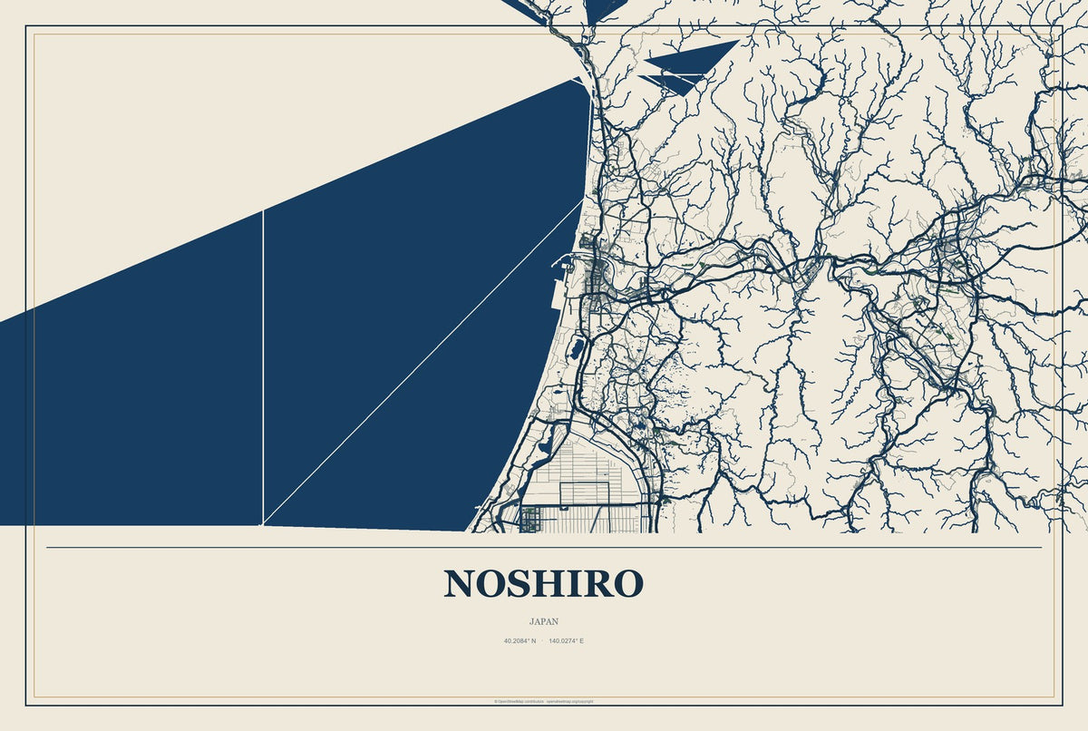 Noshiro, Japan City Map Aluminum Sign in Coastal Cutout style