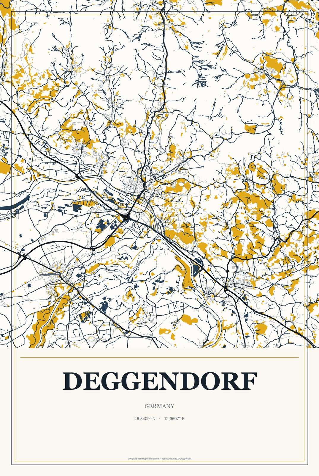 Deggendorf, Germany City Map Aluminum Sign in Citrine Modern style