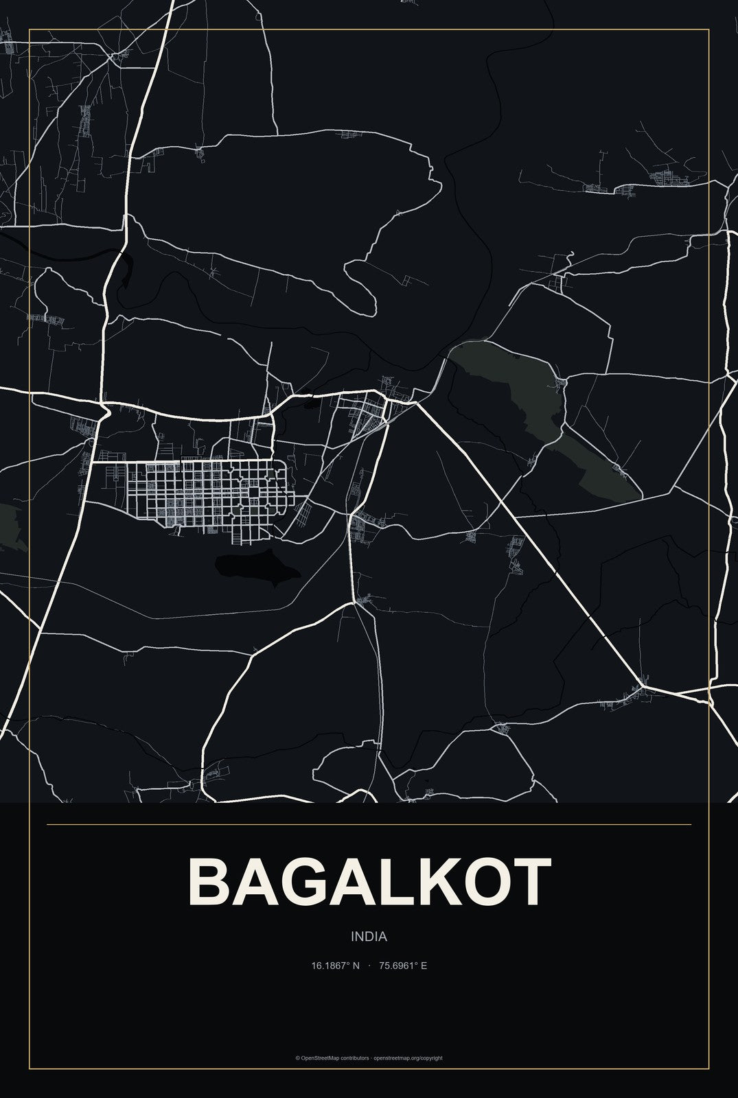 Bagalkot, India City Map Aluminum Sign in Metropolitan Noir style
