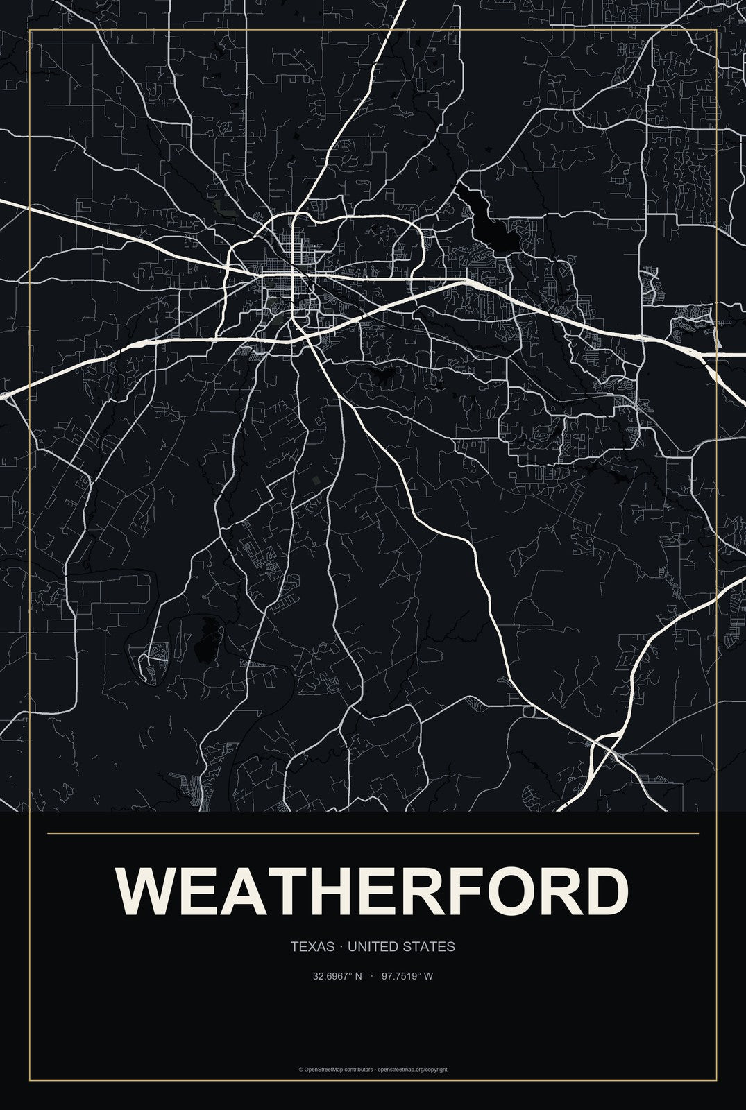 Weatherford, Texas City Map Aluminum Sign in Metropolitan Noir style
