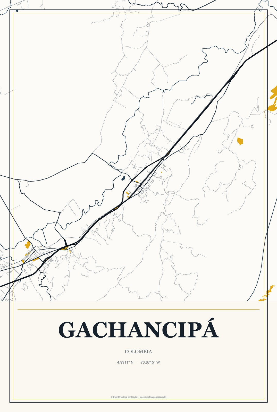 Gachancipá, Colombia City Map Aluminum Sign in Citrine Modern style