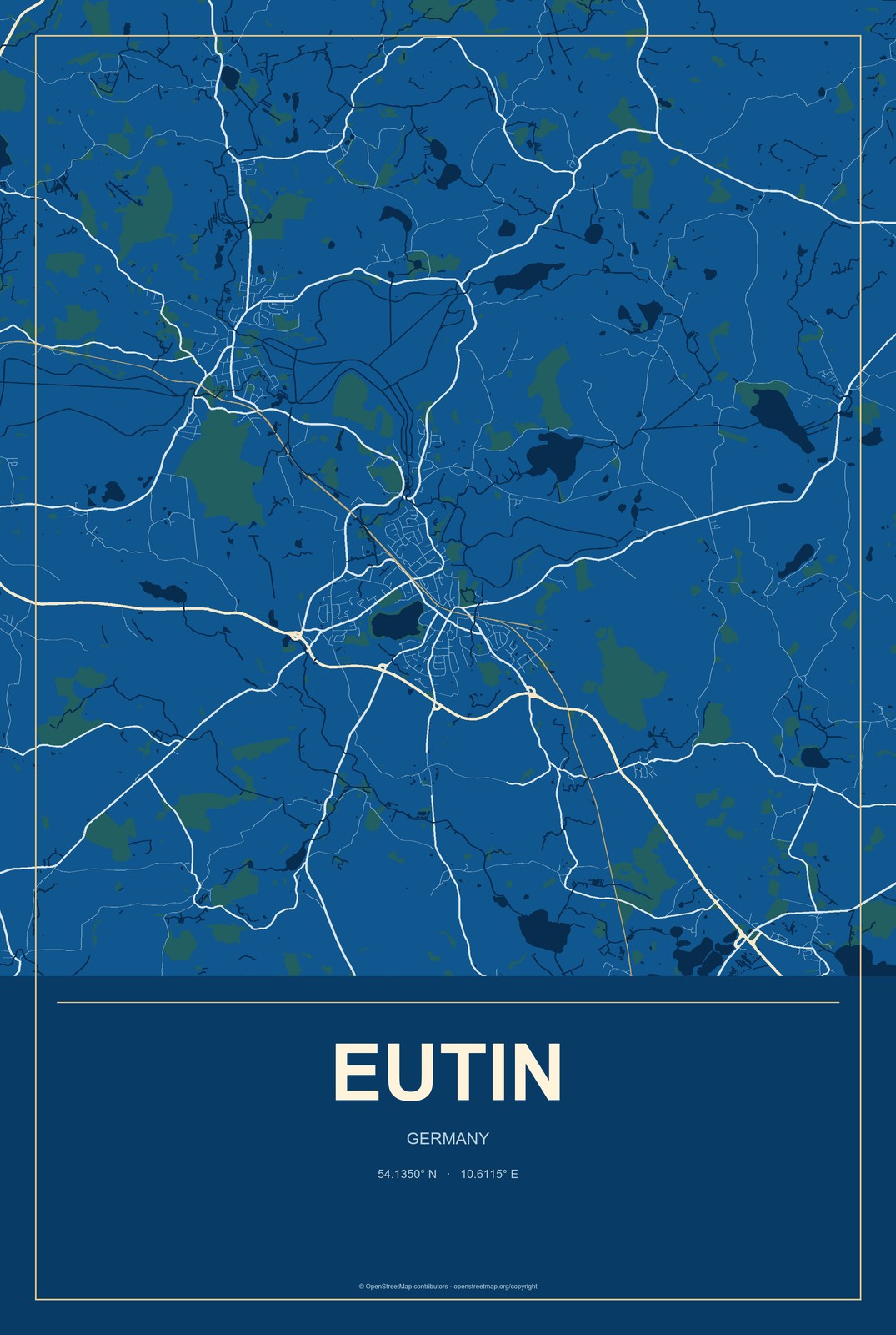 Eutin, Germany City Map Aluminum Sign in Harbor Cobalt style