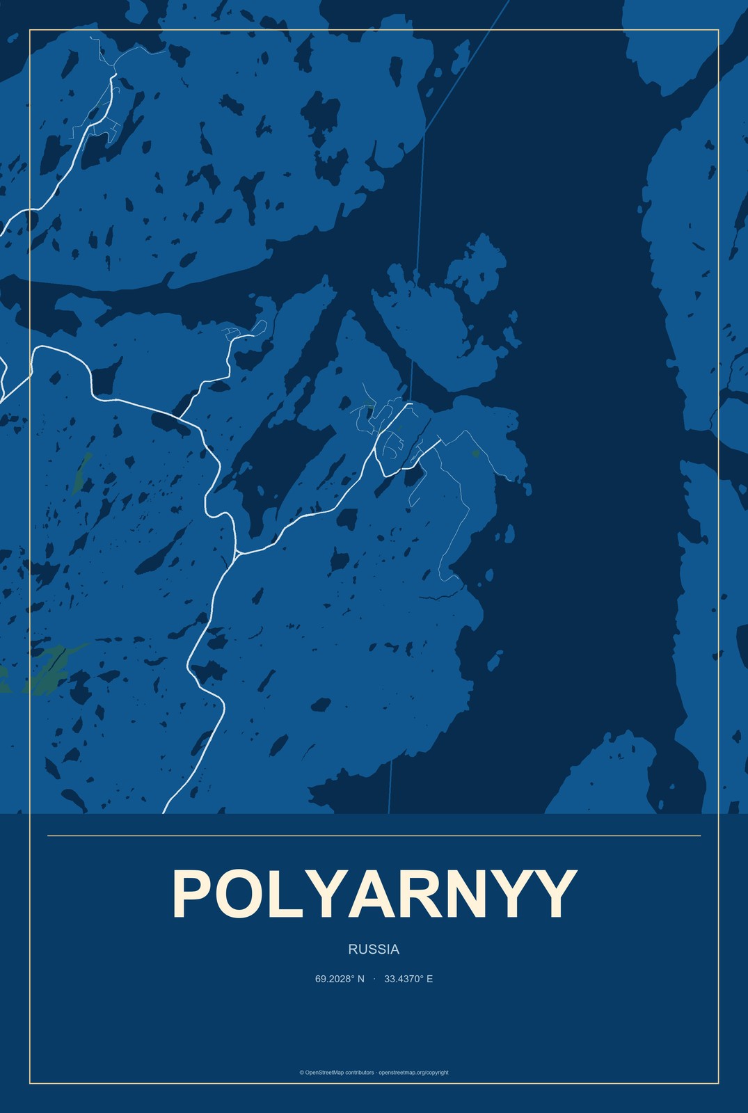 Polyarnyy, Russia City Map Aluminum Sign in Harbor Cobalt style