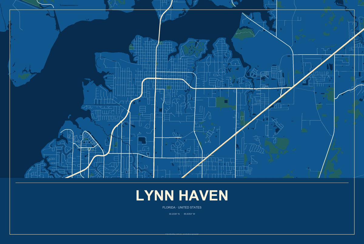 Lynn Haven, Florida City Map Aluminum Sign in Harbor Cobalt style