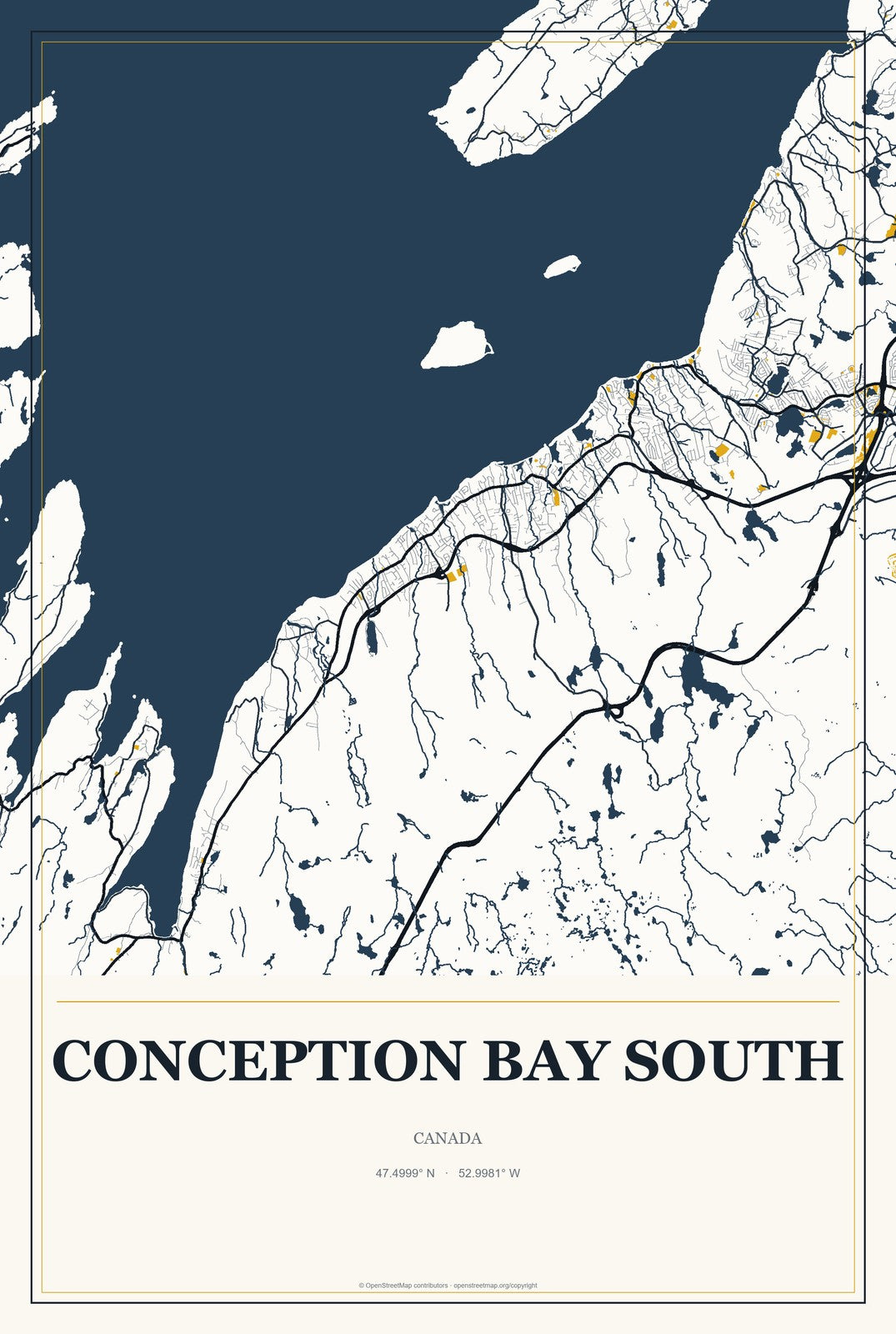 Conception Bay South, Canada City Map Aluminum Sign in Citrine Modern style