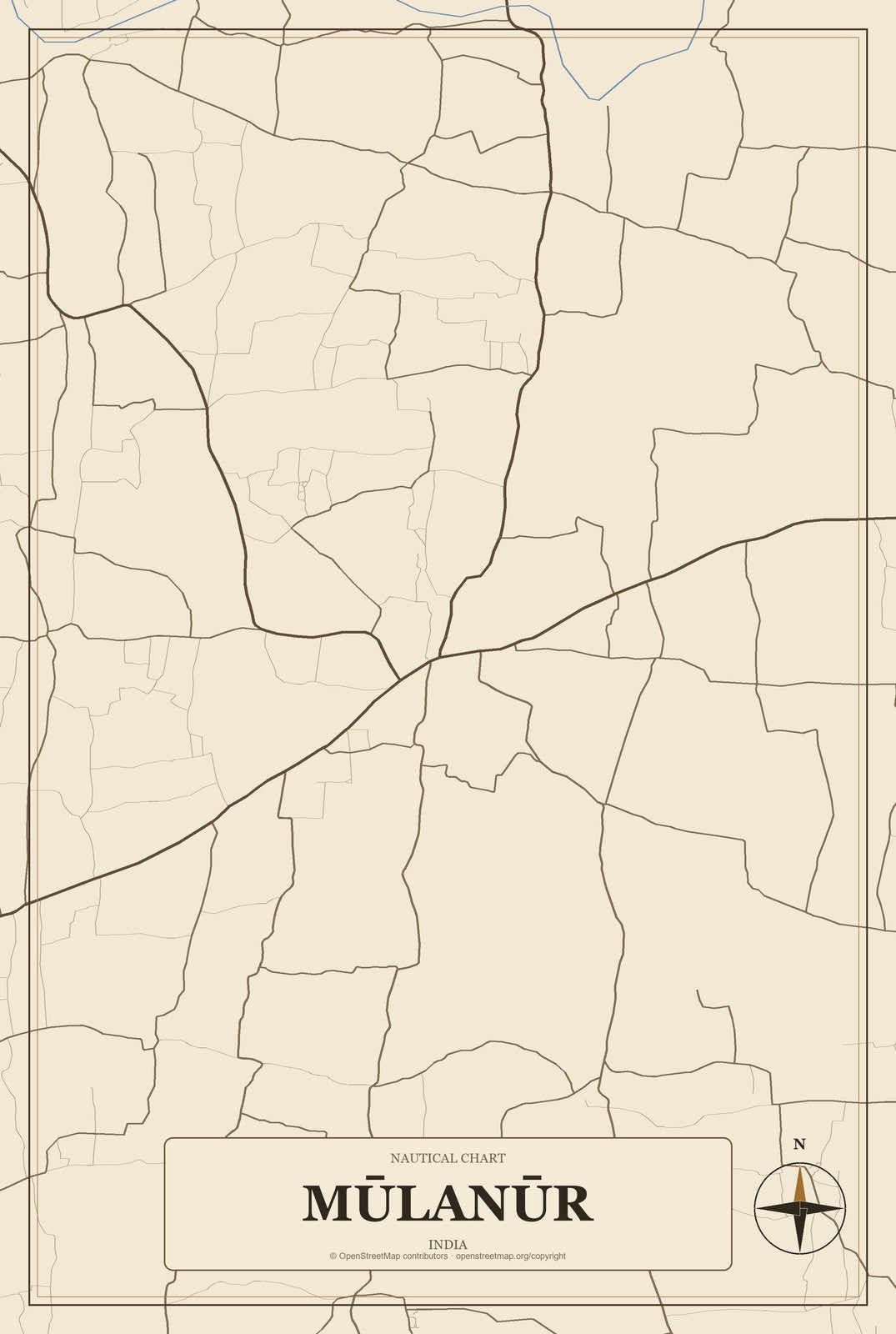 Mūlanūr, India City Map Aluminum Sign in Heritage Nautical style