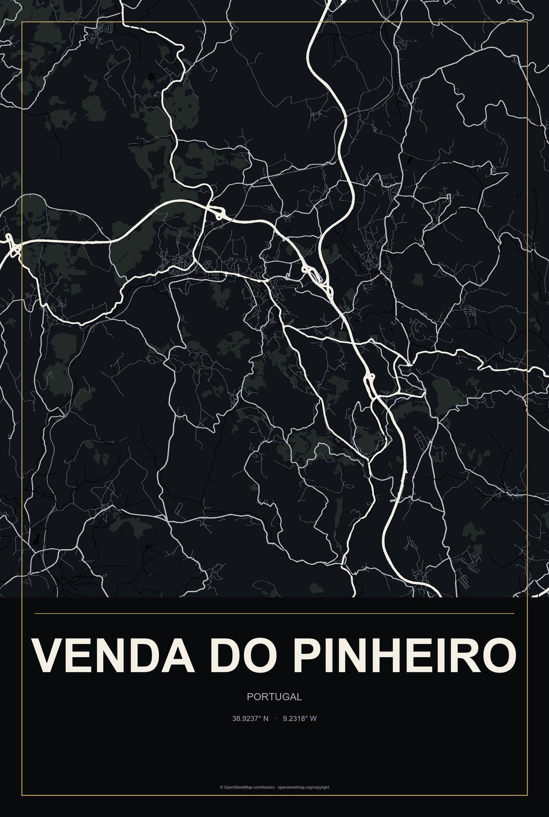 Venda do Pinheiro, Portugal City Map Aluminum Sign in Metropolitan Noir style