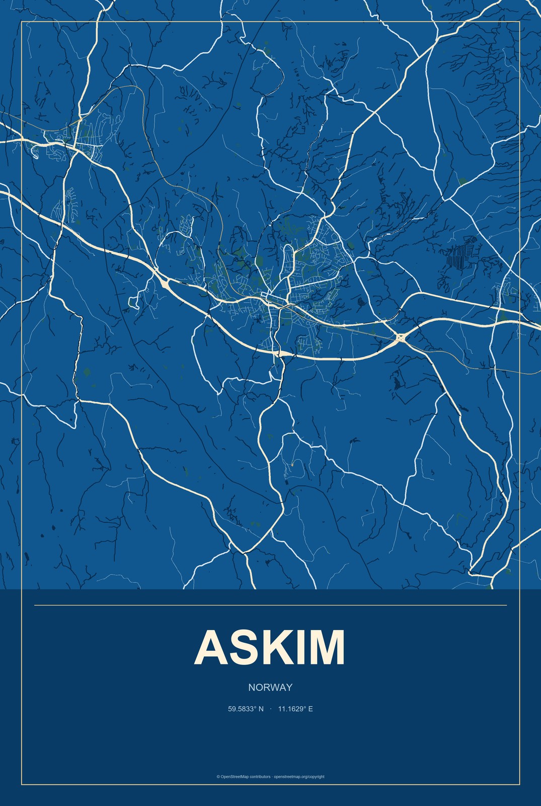 Askim, Norway City Map Aluminum Sign in Harbor Cobalt style