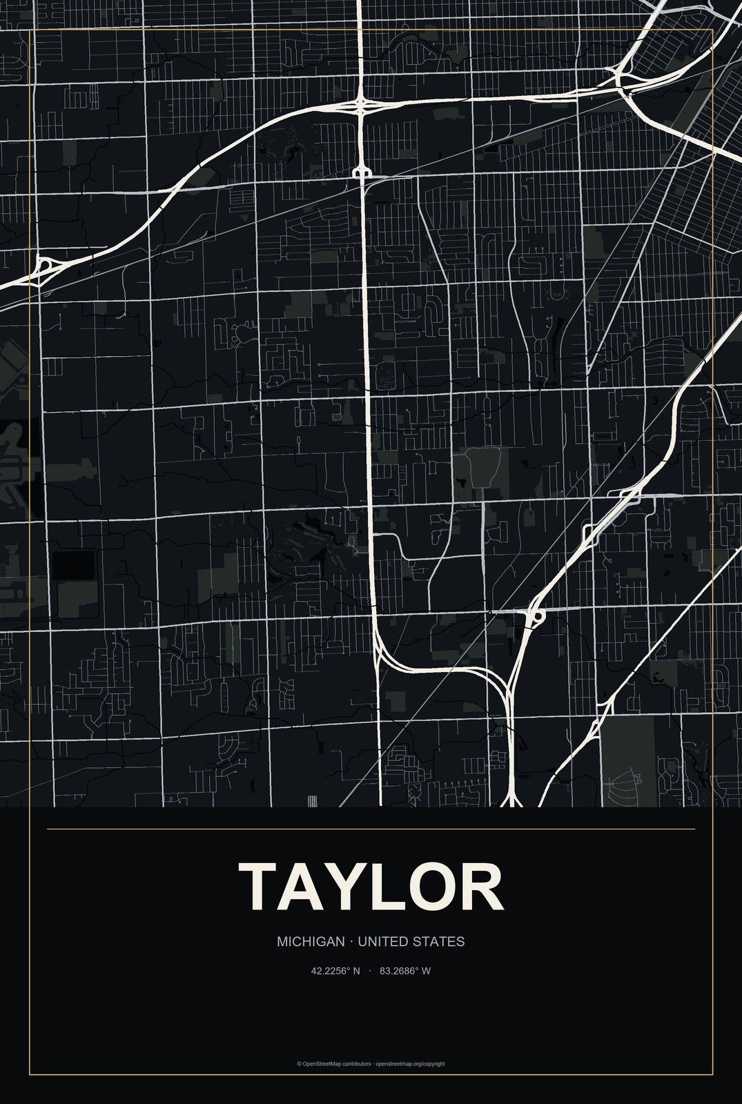 Taylor, Michigan City Map Aluminum Sign in Metropolitan Noir style