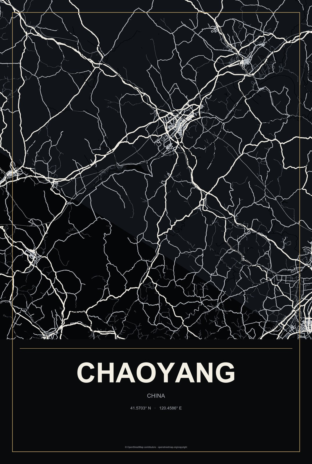 Chaoyang, Jilin, China City Map Aluminum Sign in Metropolitan Noir style