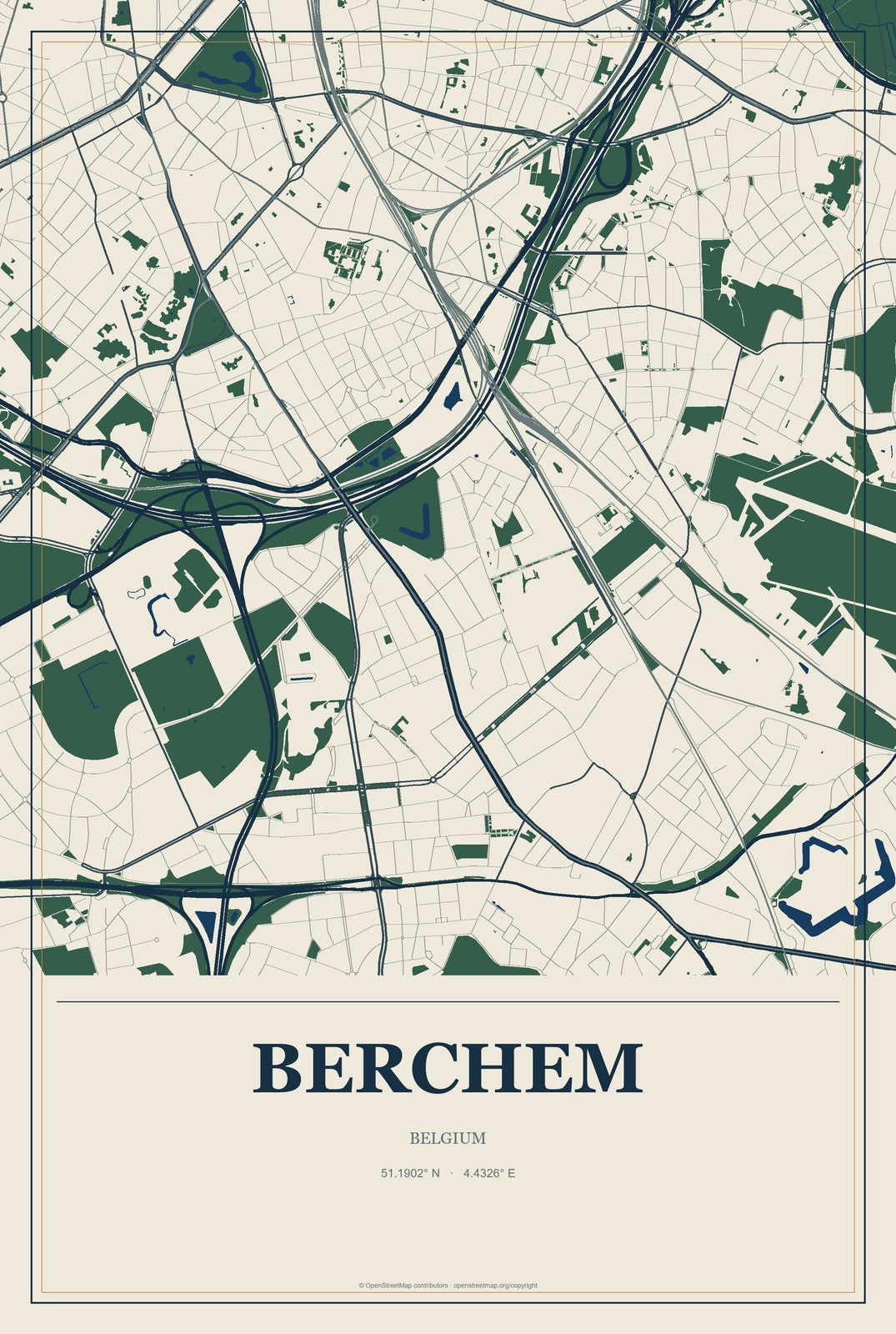 Berchem, Belgium City Map Aluminum Sign in Coastal Cutout style