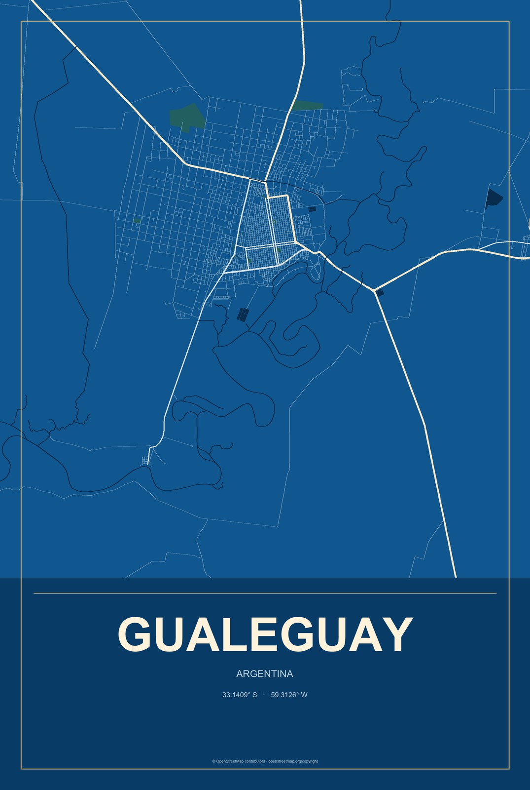 Gualeguay, Argentina City Map Aluminum Sign in Harbor Cobalt style