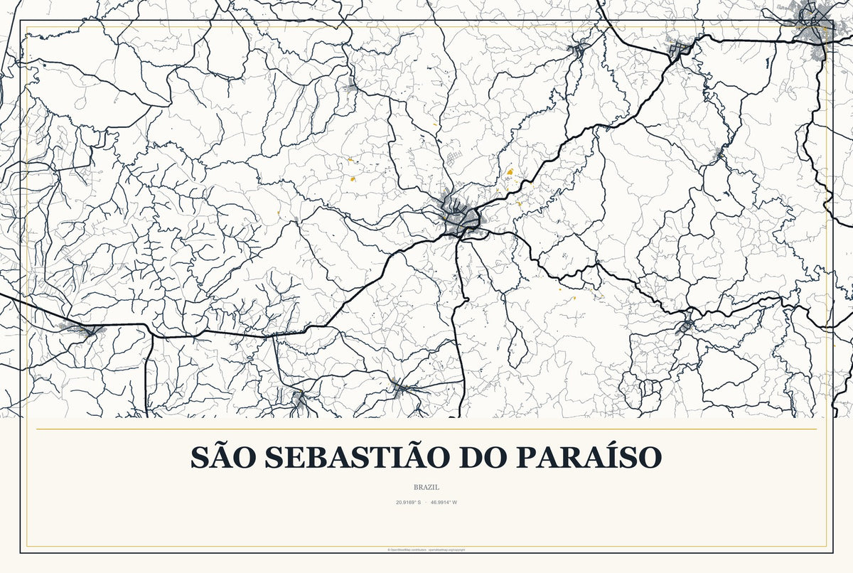 São Sebastião do Paraíso, Brazil City Map Aluminum Sign in Citrine Modern style