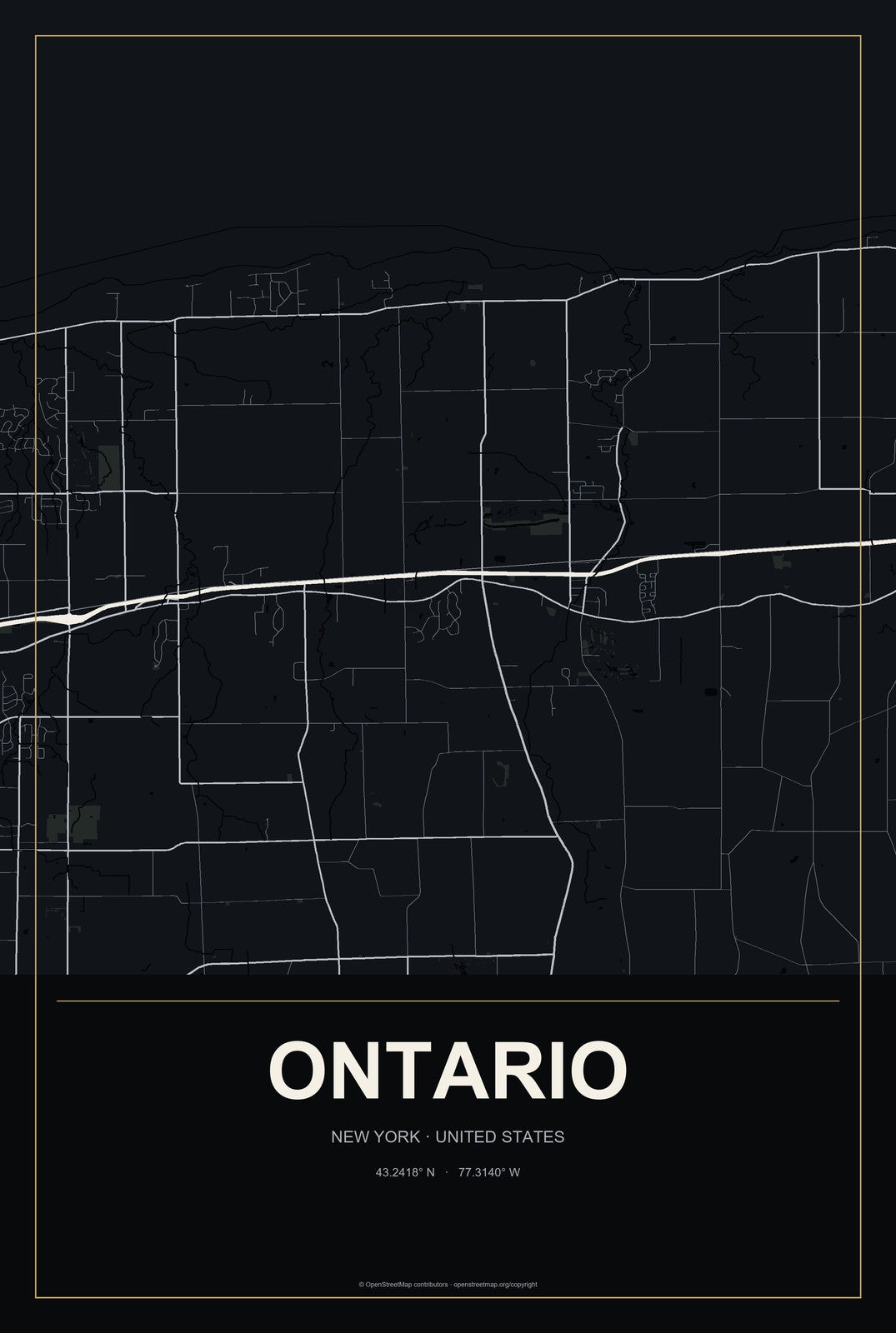 Ontario, New York City Map Aluminum Sign in Metropolitan Noir style