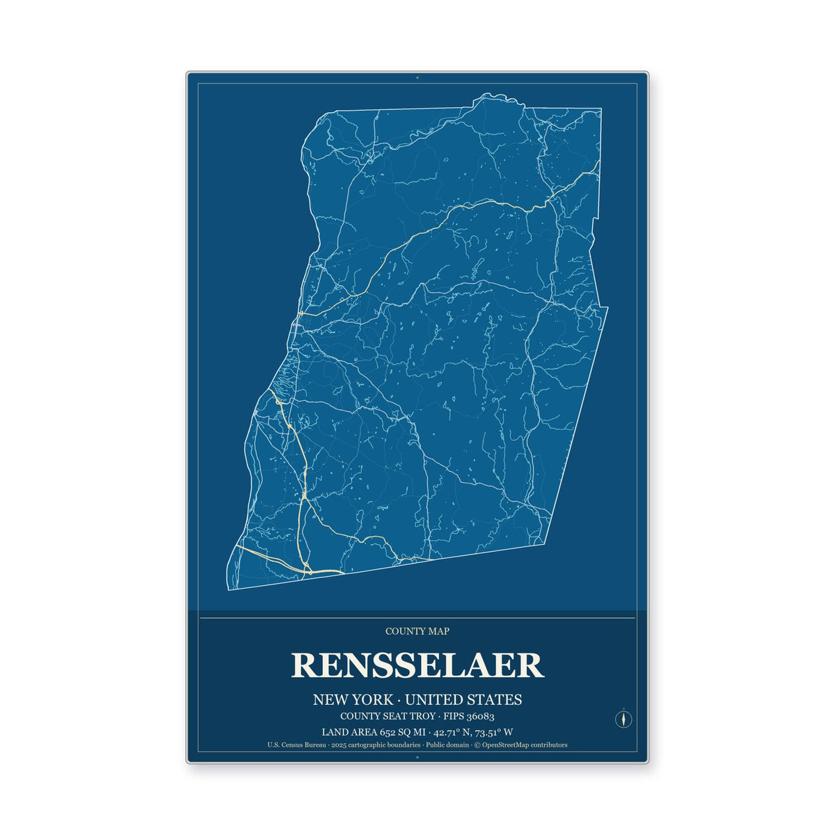 Rensselaer County, New York Map Aluminum Sign in Harbor Cobalt style