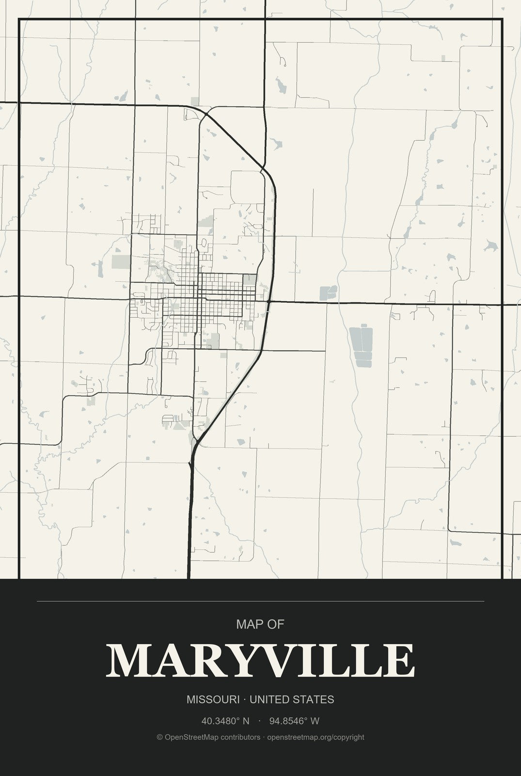 Maryville, Missouri City Map Aluminum Sign in Museum Plaque style