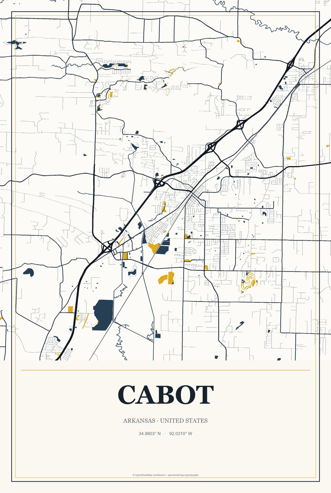 Cabot, Arkansas City Map Aluminum Sign in Citrine Modern style