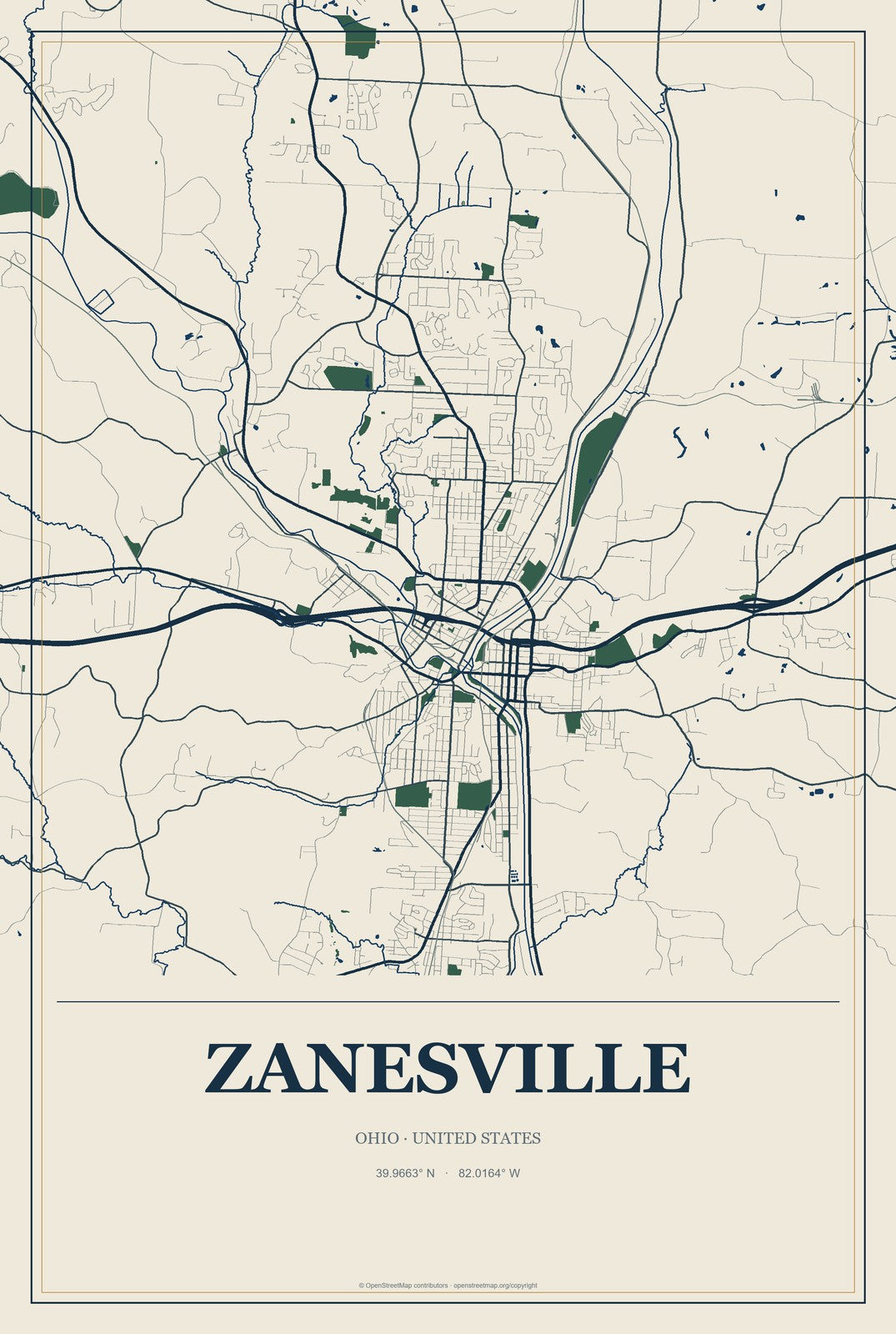Zanesville, Ohio City Map Aluminum Sign in Coastal Cutout style