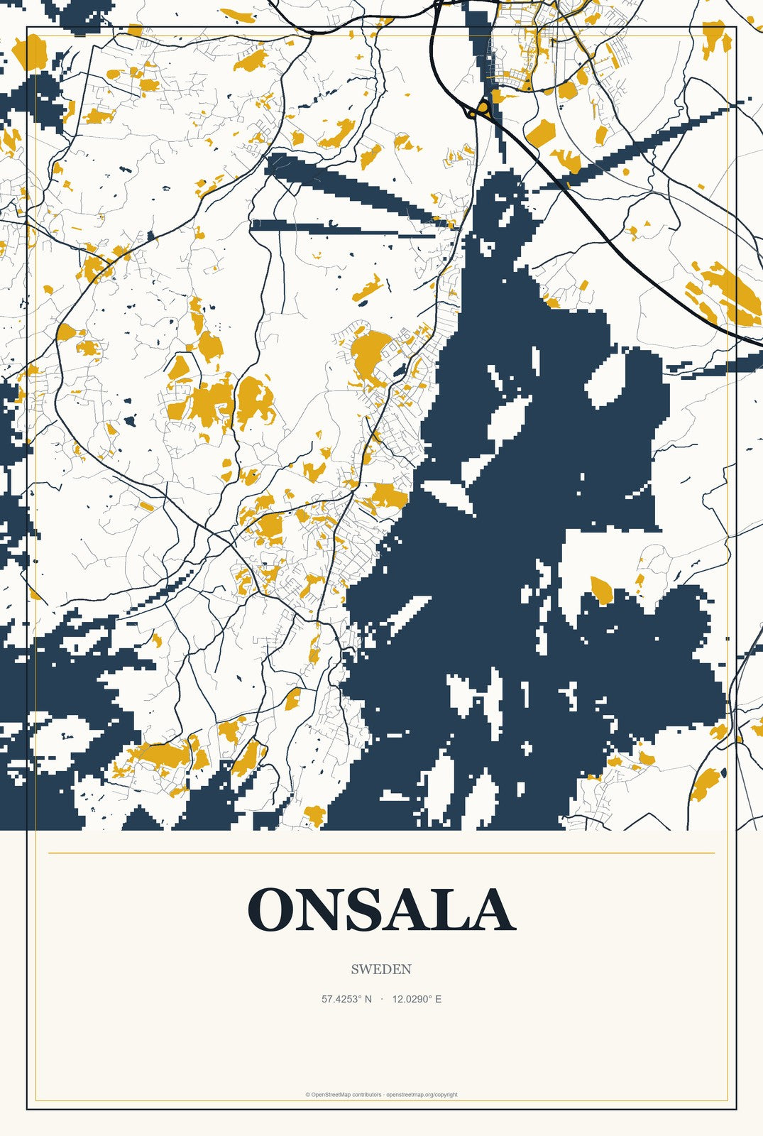 Onsala, Sweden City Map Aluminum Sign in Citrine Modern style