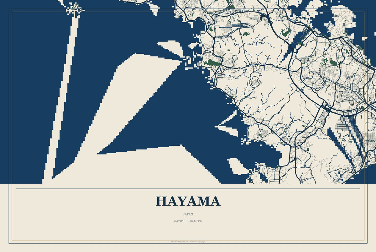 Hayama, Japan City Map Aluminum Sign in Coastal Cutout style