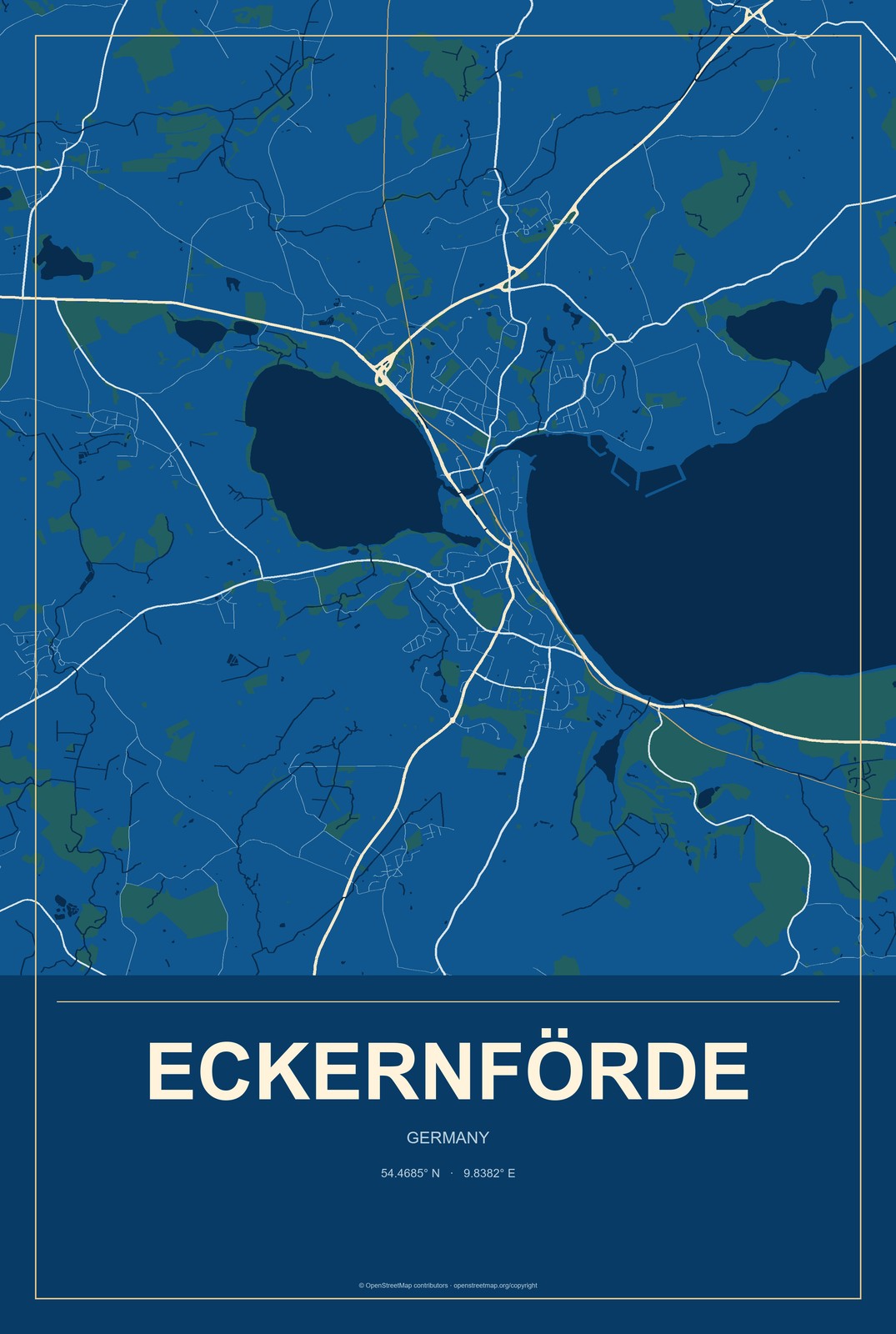 Eckernförde, Germany City Map Aluminum Sign in Harbor Cobalt style