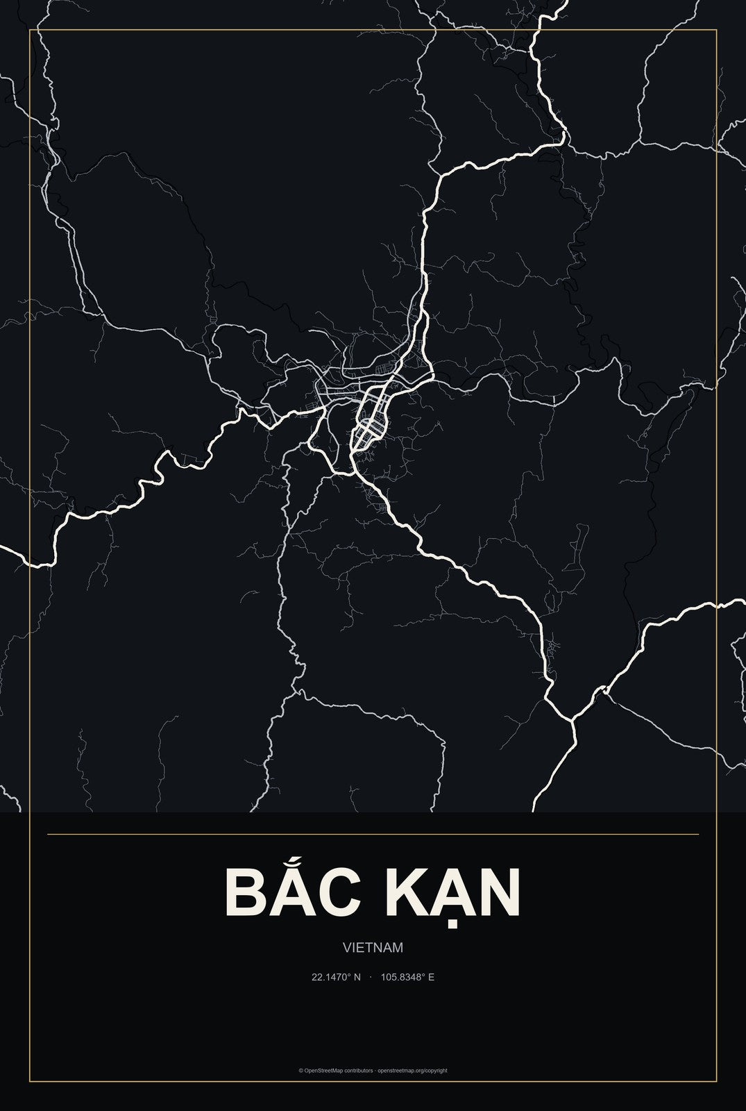 Bắc Kạn, Vietnam City Map Aluminum Sign in Metropolitan Noir style