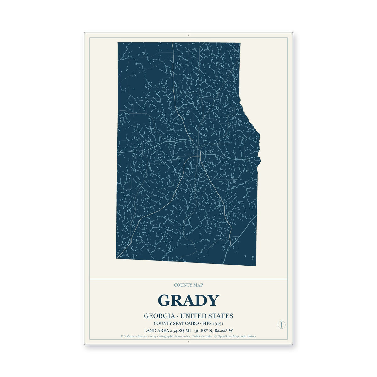Grady County, Georgia Map Aluminum Sign in Coastal Cutout style