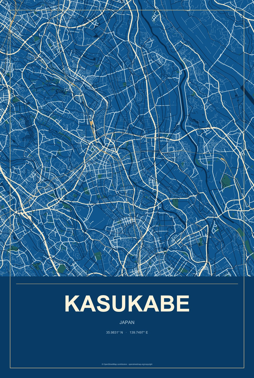 Kasukabe, Japan City Map Aluminum Sign in Harbor Cobalt style