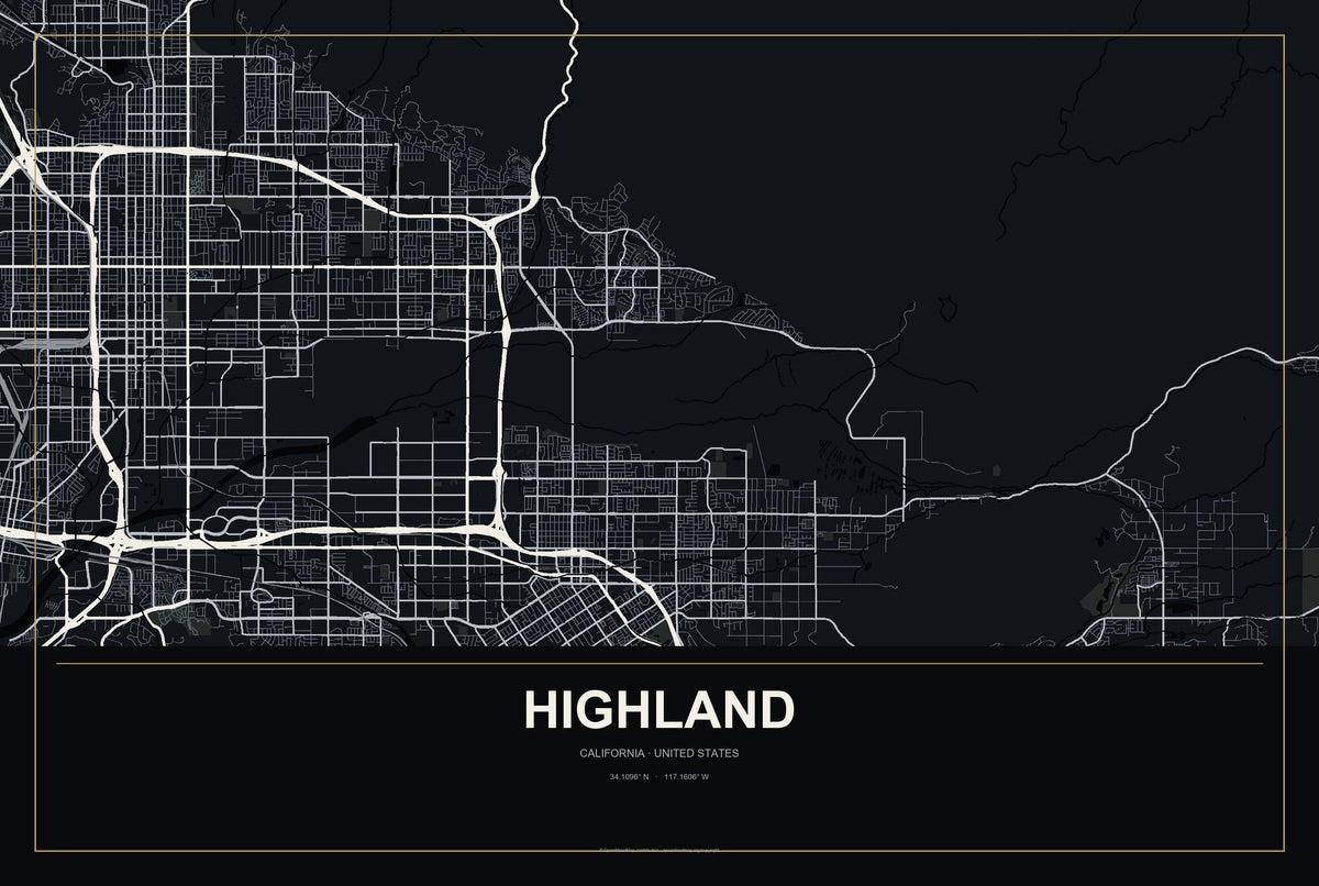 Highland, California City Map Aluminum Sign in Metropolitan Noir style