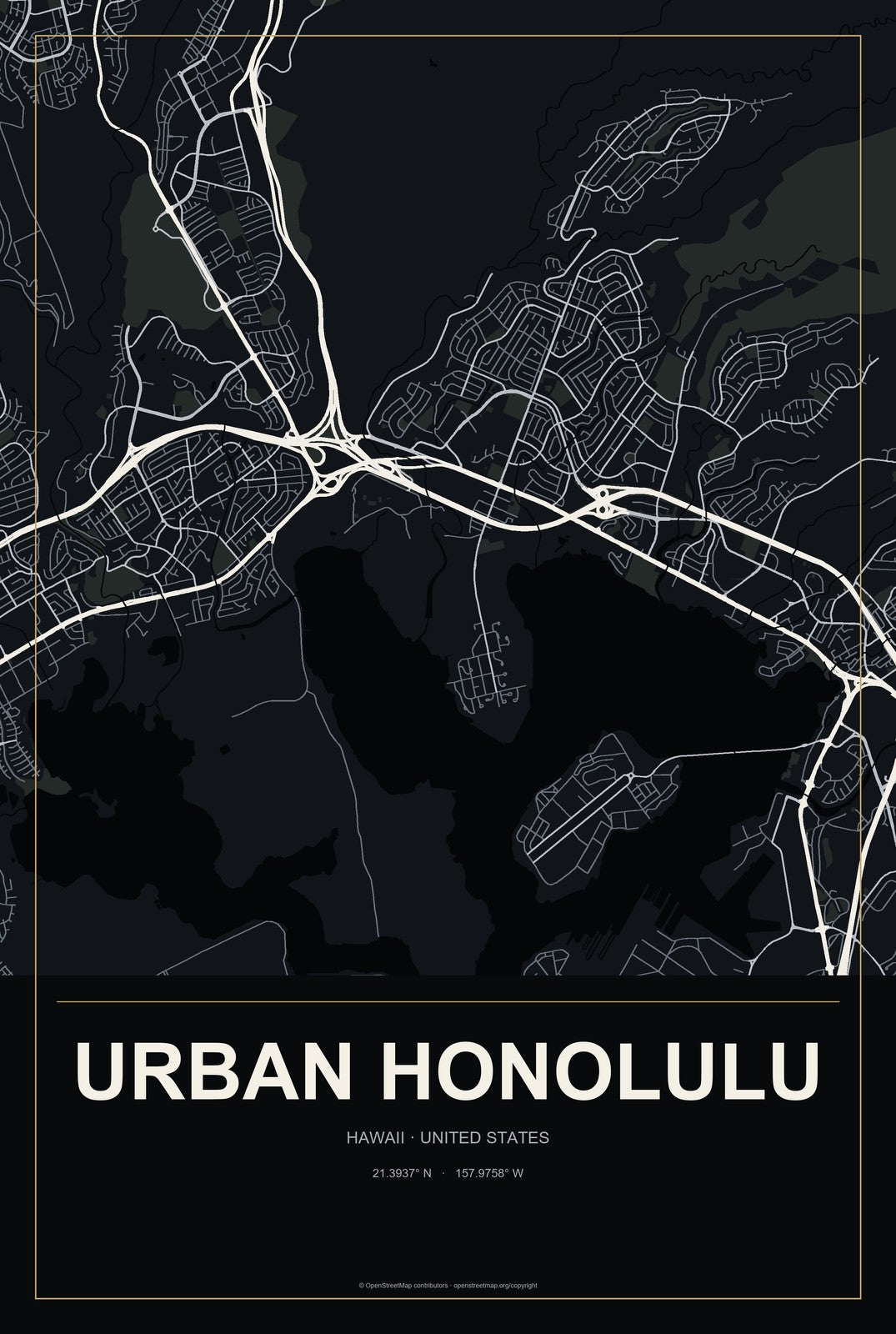 Urban Honolulu, Hawaii City Map Aluminum Sign in Metropolitan Noir style