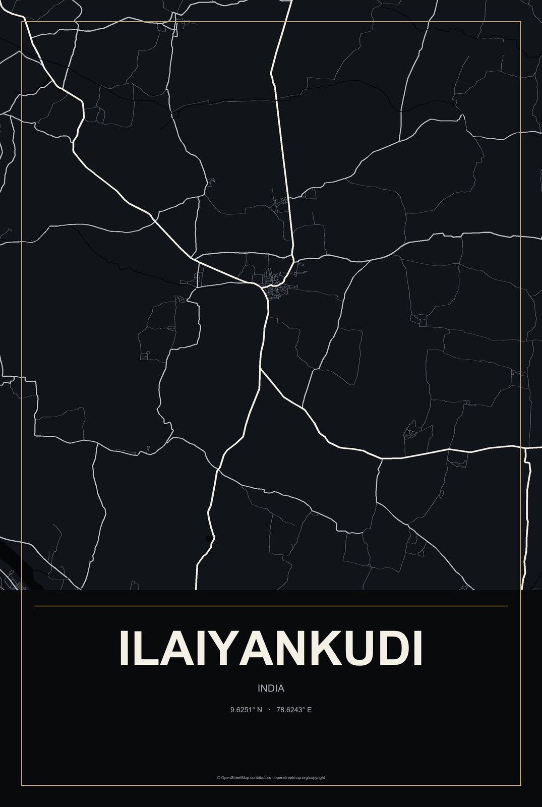Ilaiyankudi, India City Map Aluminum Sign in Metropolitan Noir style