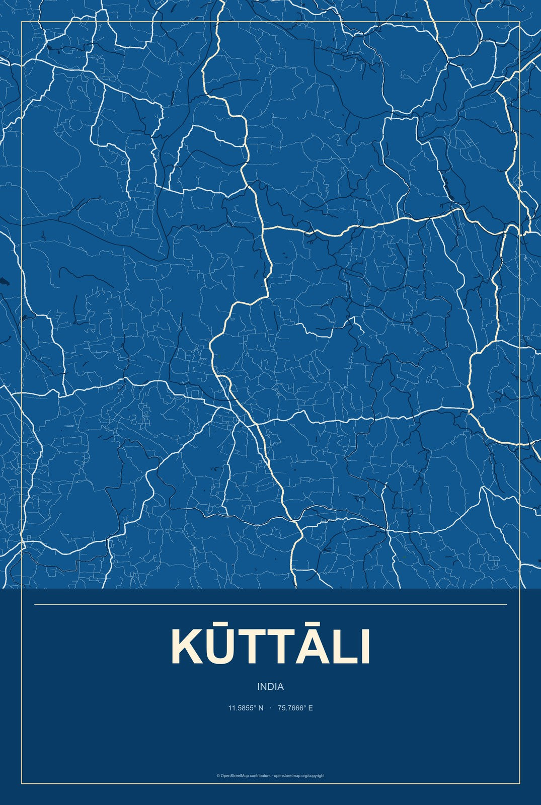 Kūttāli, India City Map Aluminum Sign in Harbor Cobalt style