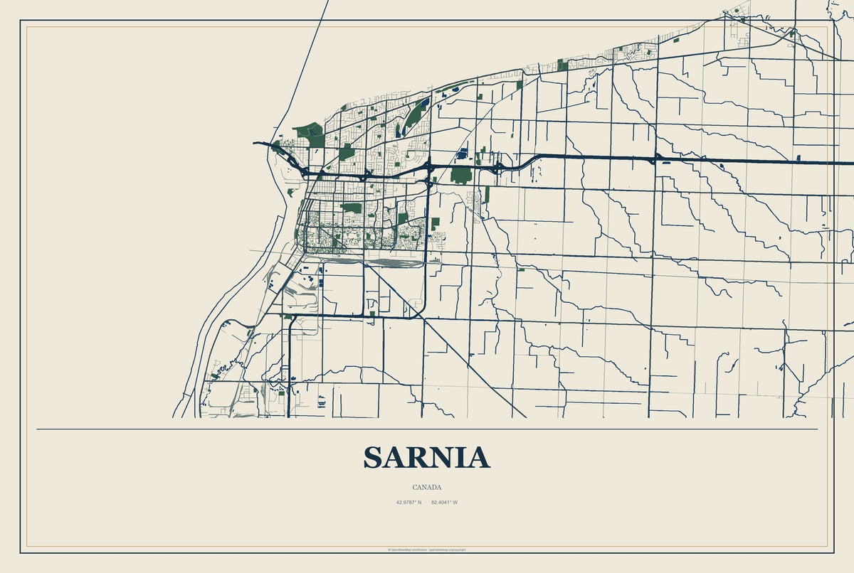 Sarnia, Canada City Map Aluminum Sign in Coastal Cutout style