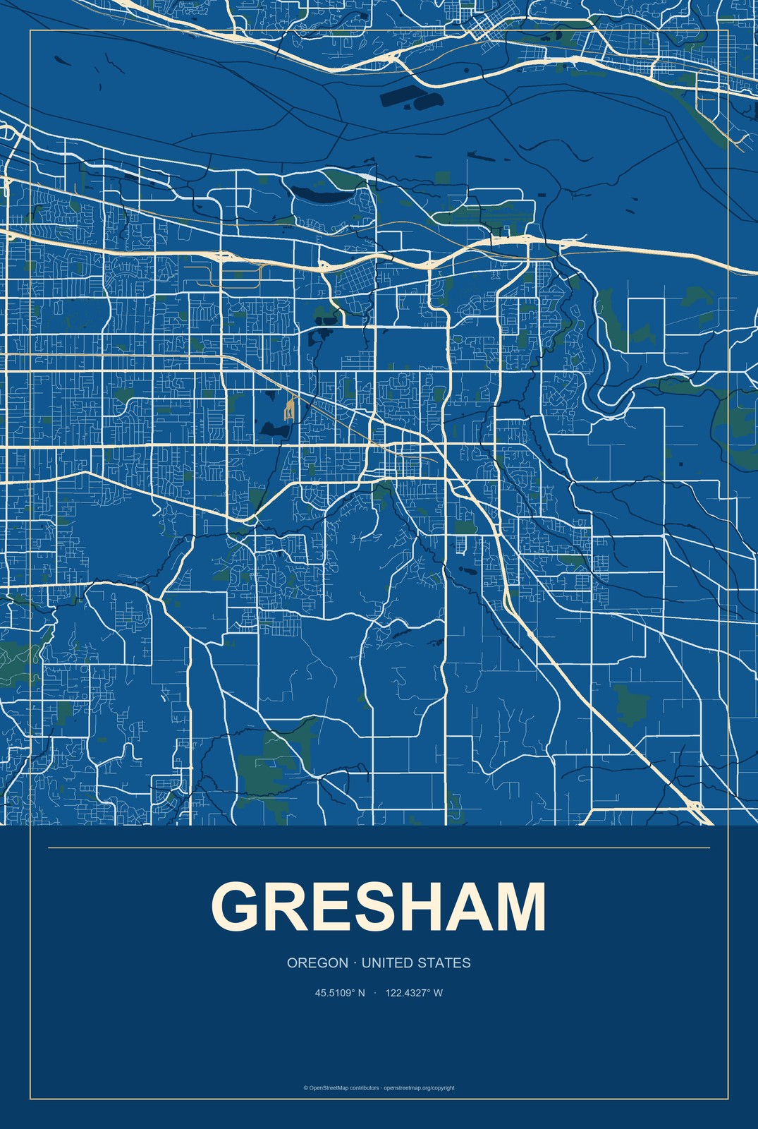 Gresham, Oregon City Map Aluminum Sign in Harbor Cobalt style