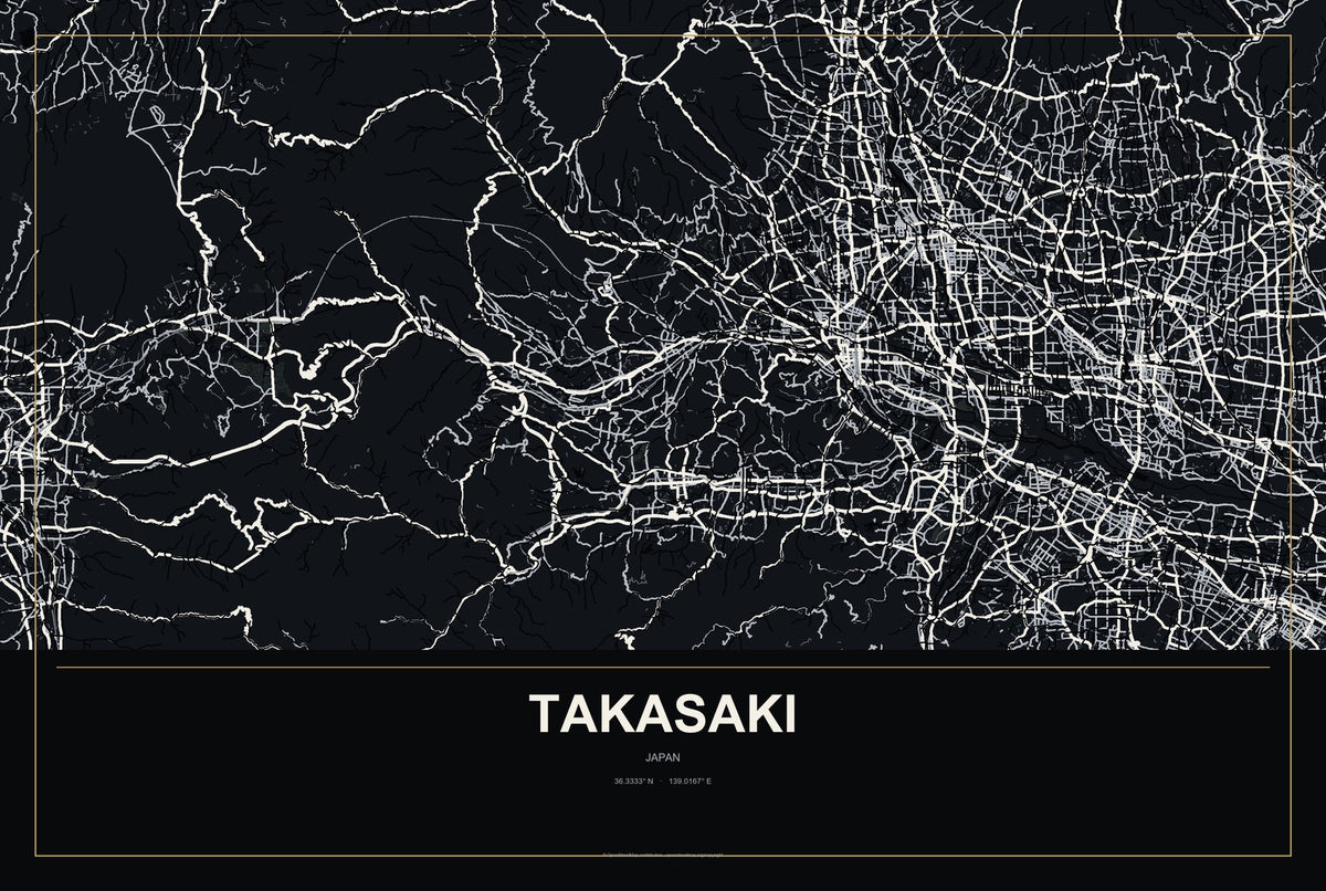 Takasaki, Japan City Map Aluminum Sign in Metropolitan Noir style