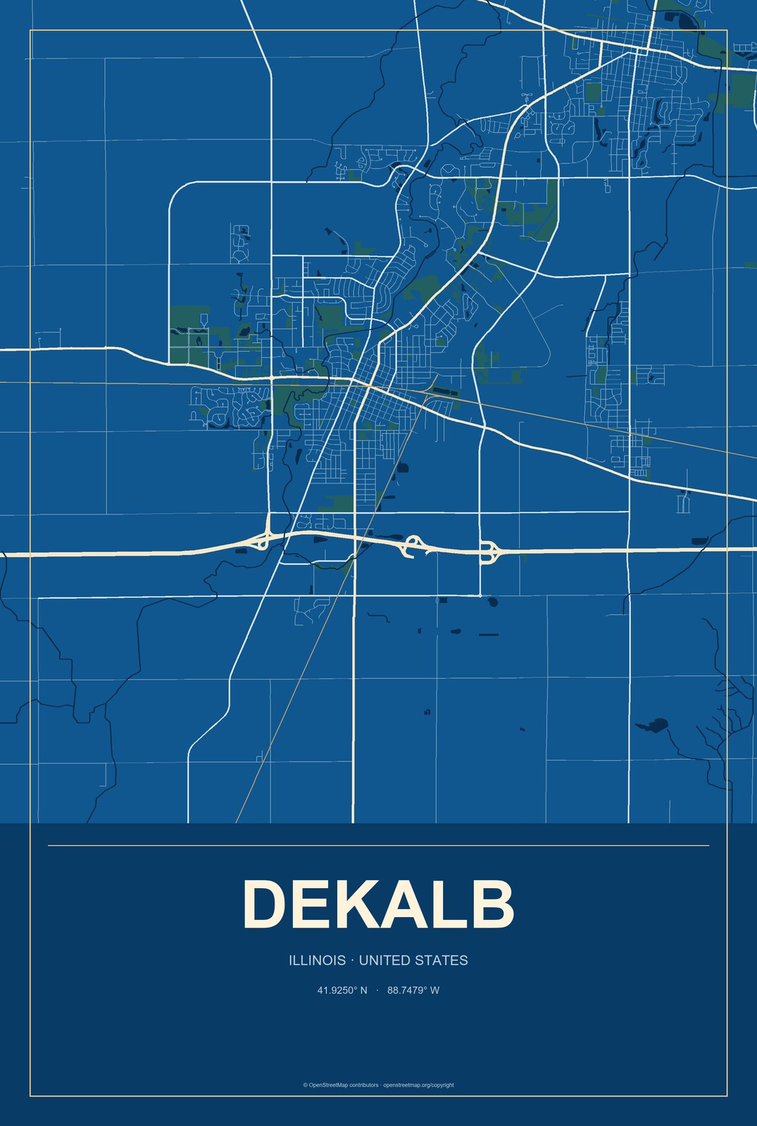 DeKalb, Illinois City Map Aluminum Sign in Harbor Cobalt style