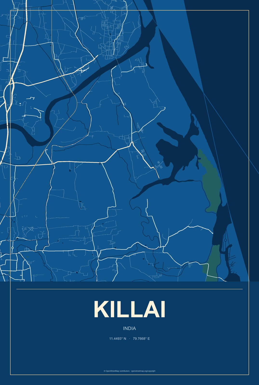 Killai, India City Map Aluminum Sign in Harbor Cobalt style