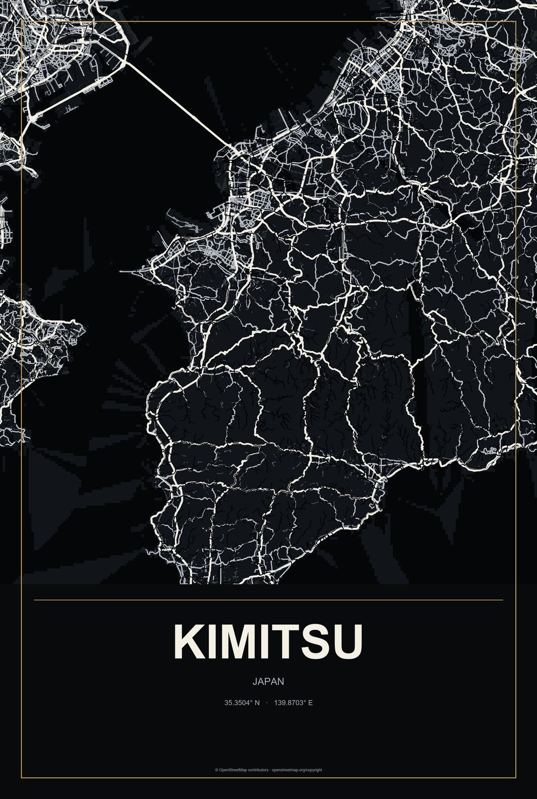 Kimitsu, Japan City Map Aluminum Sign in Metropolitan Noir style