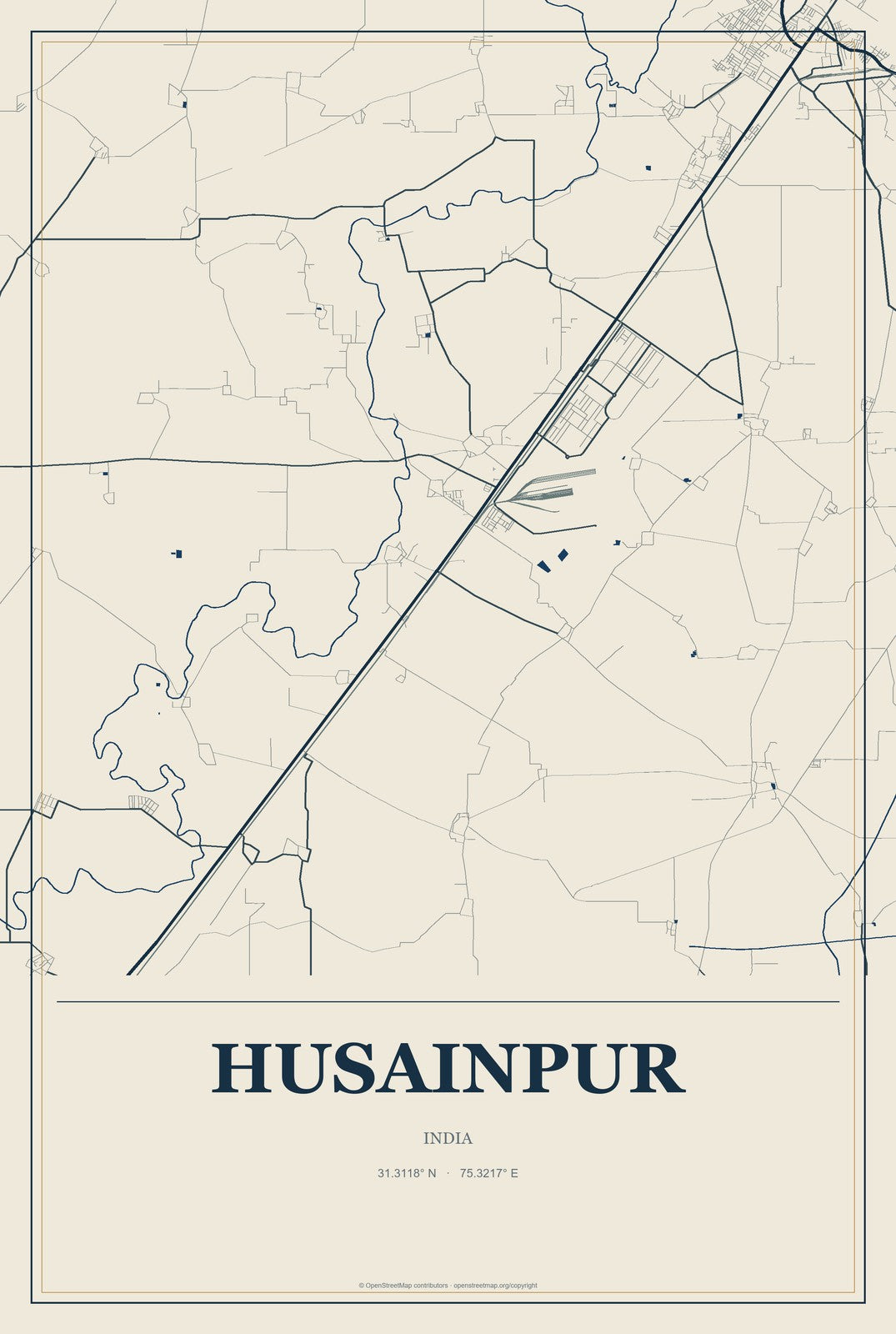 Husainpur, India City Map Aluminum Sign in Coastal Cutout style