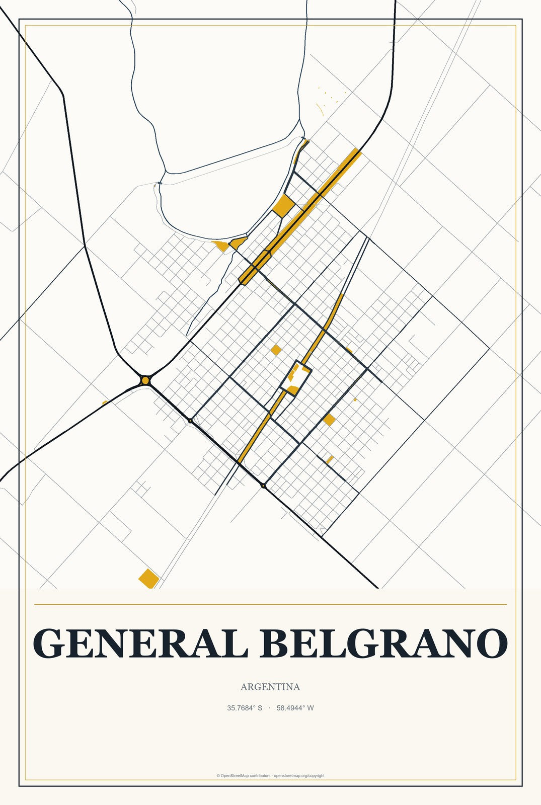 General Belgrano, Argentina City Map Aluminum Sign in Citrine Modern style