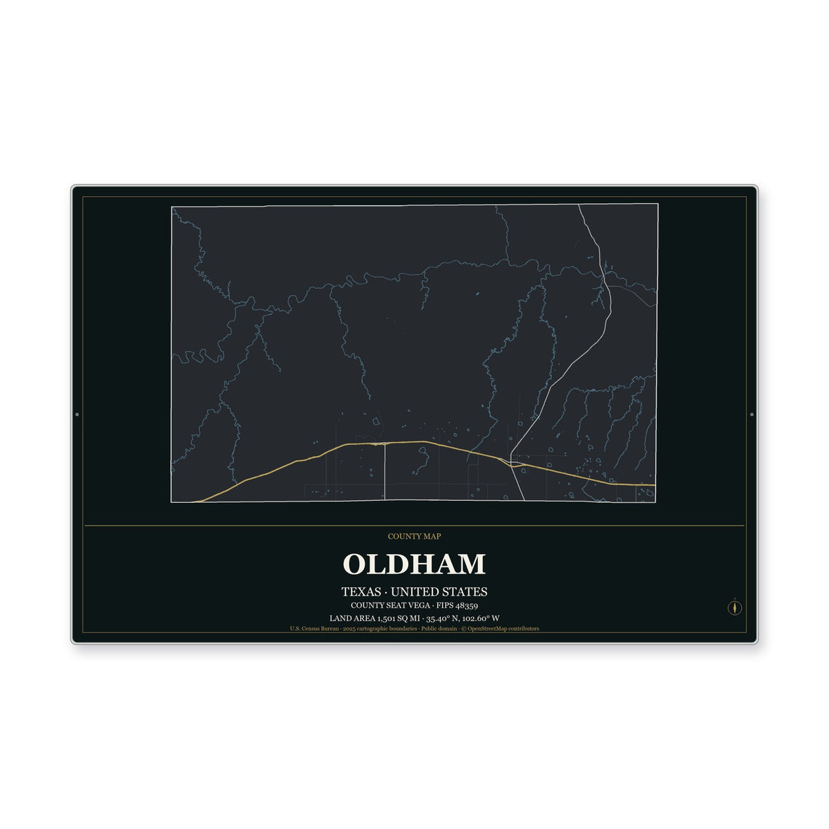 Oldham County, Texas Map Aluminum Sign in Metropolitan Noir style