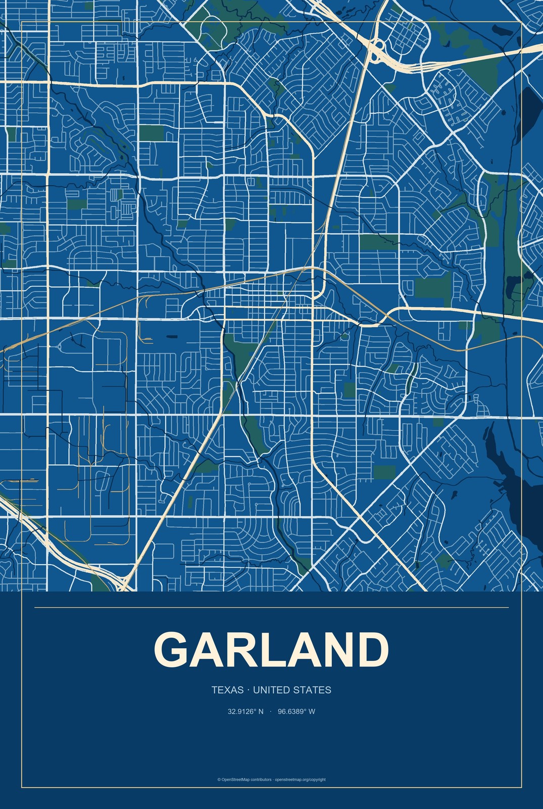 Garland, Texas City Map Aluminum Sign in Harbor Cobalt style