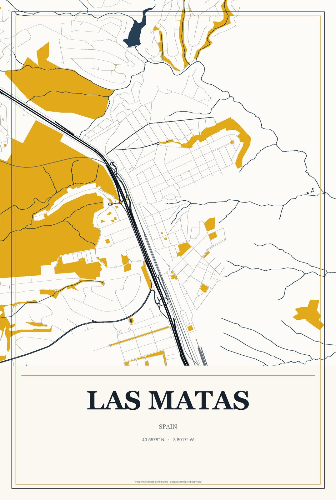 Las Matas, Spain City Map Aluminum Sign in Citrine Modern style