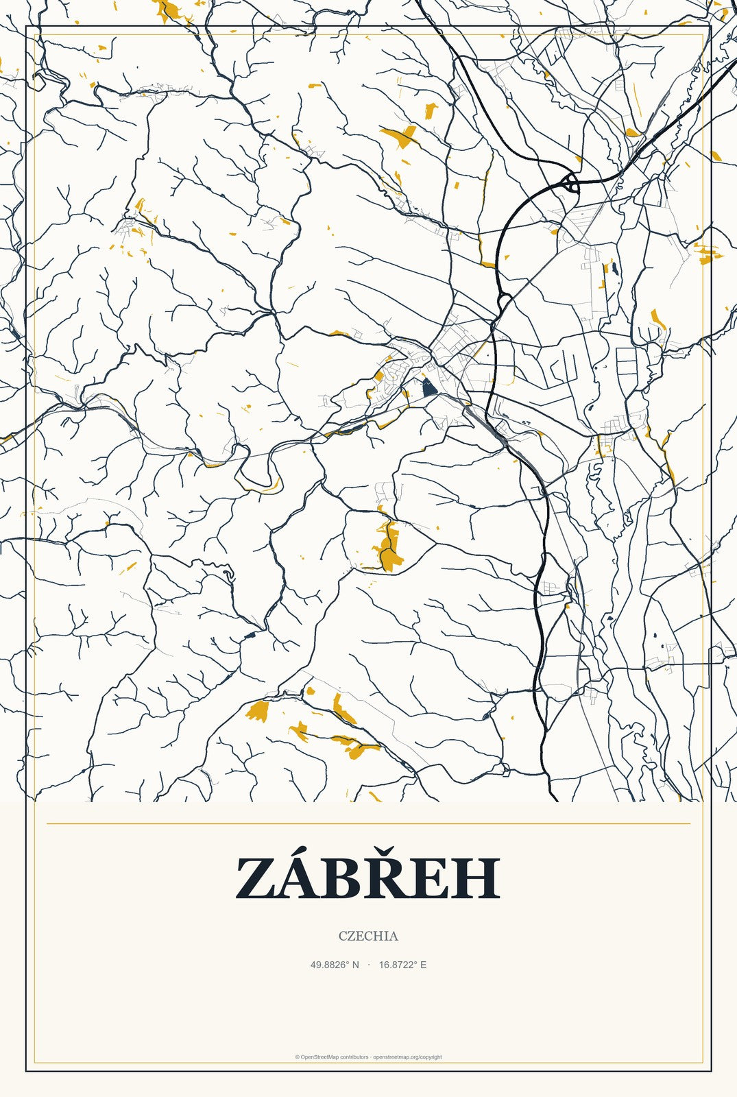 Zábřeh, Czechia City Map Aluminum Sign in Citrine Modern style